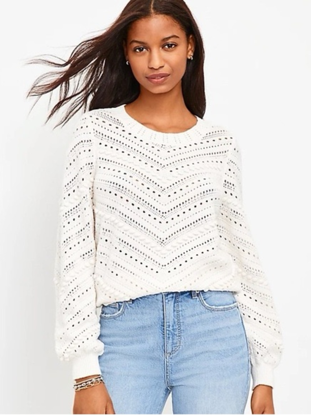 LOFT Cream Open-Knit Chevron Crewneck Sweater